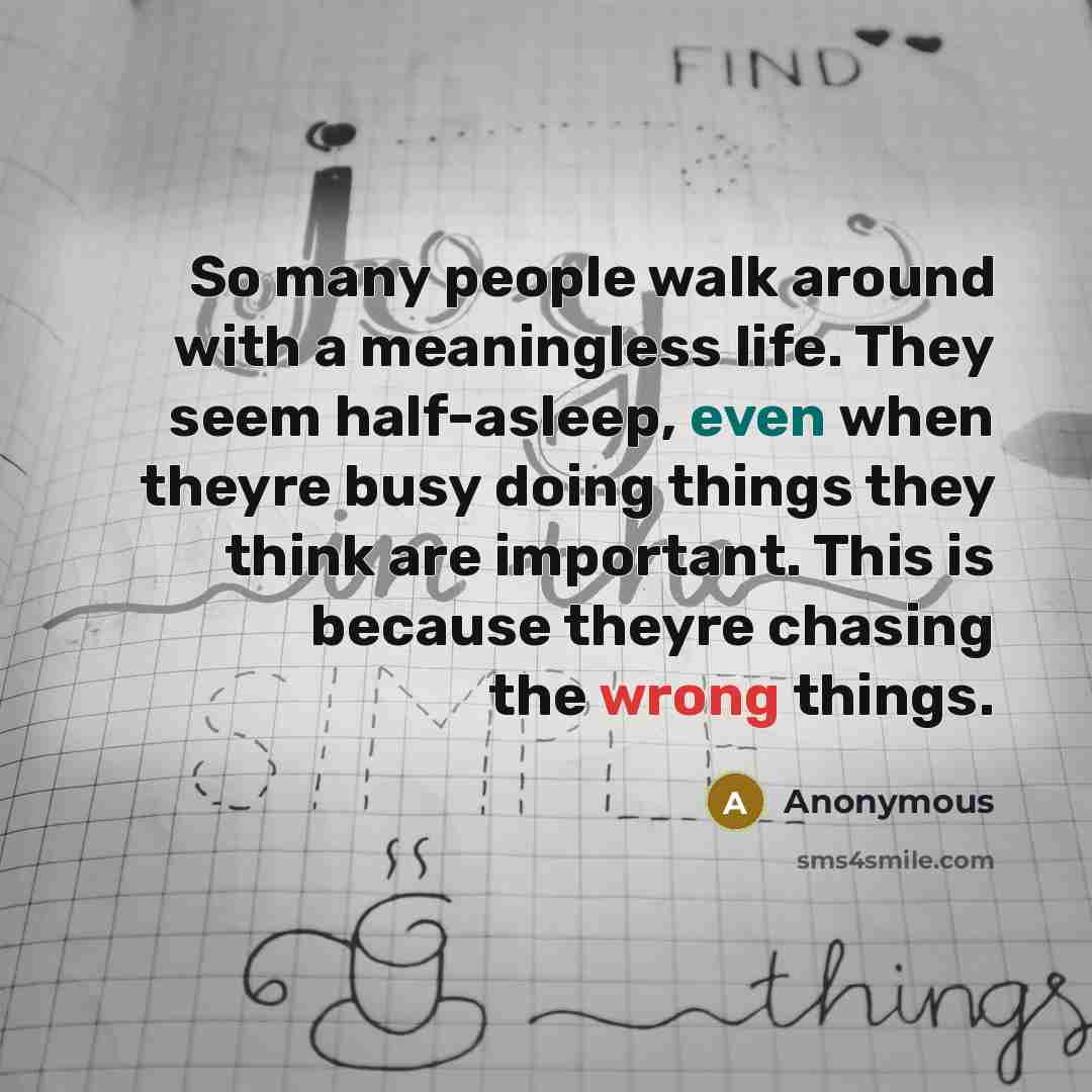 “So many people walk around with a meaningless life. They seem half-asleep, even when theyre busy doing things they think are important. This is because theyre chasing the wrong things.” quote by Anonymous