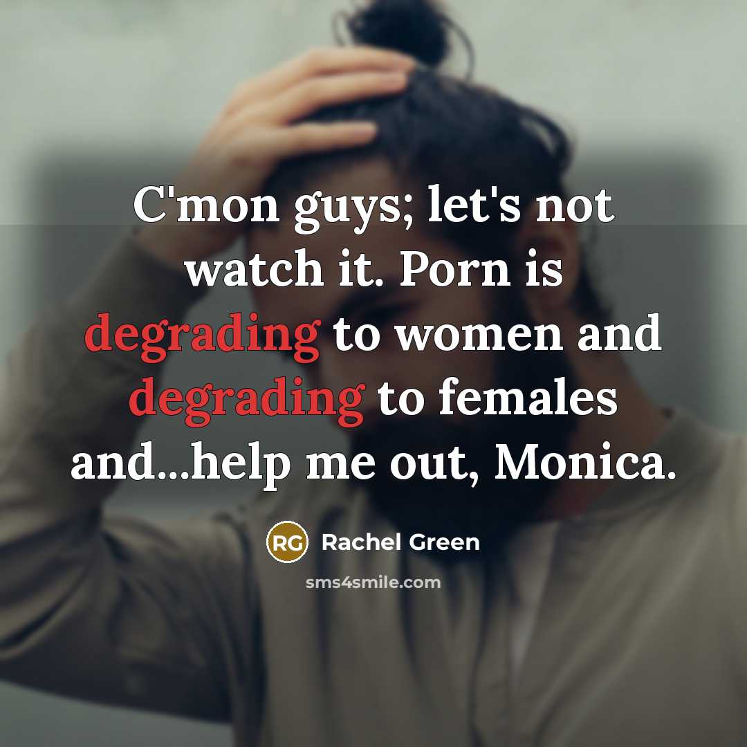 “C'mon guys; let's not watch it. Porn is degrading to women and degrading to females and...help me out, Monica.” quote by Rachel Green