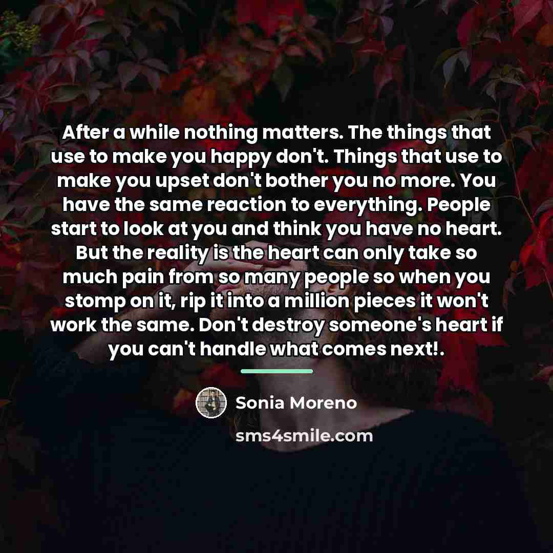 “After a while nothing matters. The things that use to…” quote by Sonia Moreno
