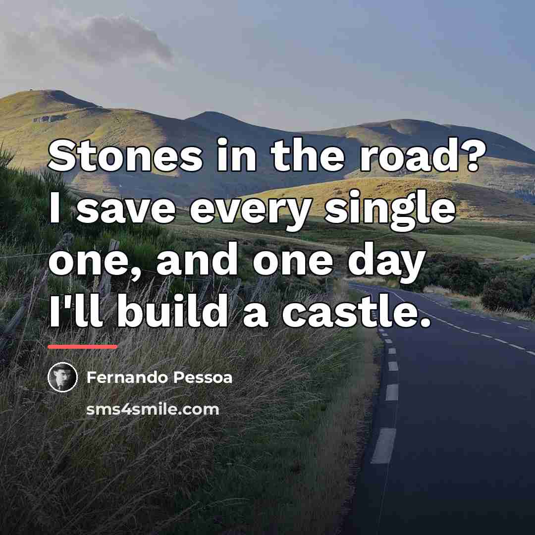 “Stones in the road? I save every single one, and…” quote by Fernando Pessoa