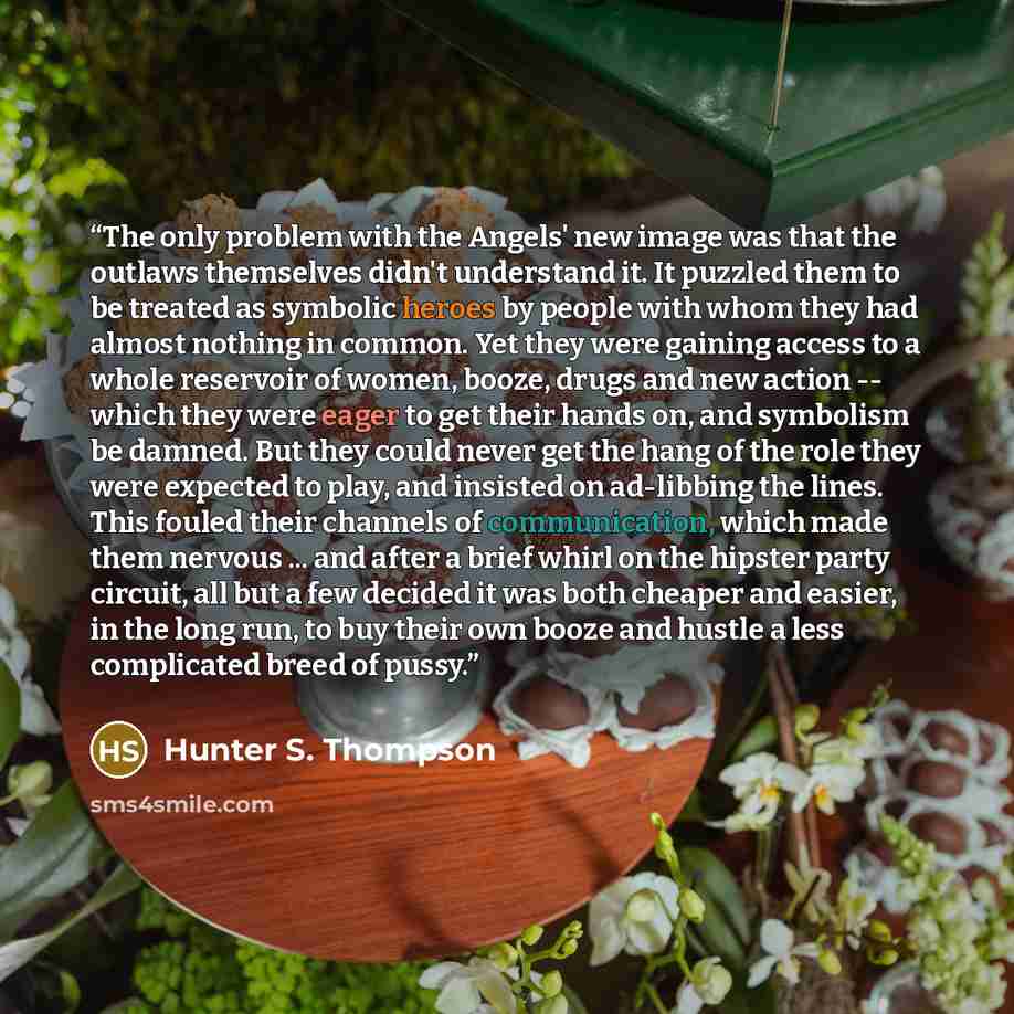 “The only problem with the Angels' new image was that the outlaws themselves didn't understand it. It puzzled them to be treated as symbolic heroes by people with whom they had almost nothing in common. Yet they were gaining access to a whole reservoir of women, booze, drugs and new action -- which…” quote by Hunter S. Thompson