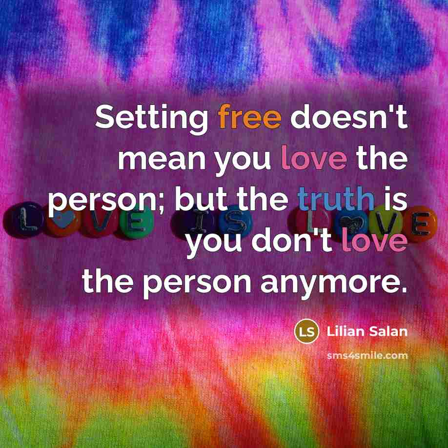 “Setting free doesn't mean you love the person; but the truth is you don't love the person anymore.” quote by Lilian Salan