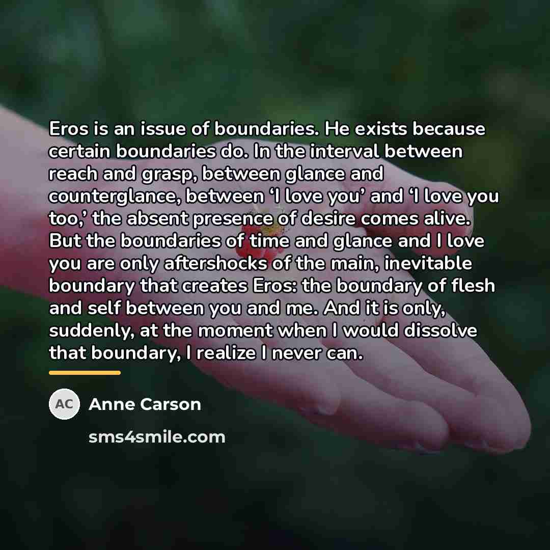 “Eros is an issue of boundaries. He exists because certain…” quote by Anne Carson