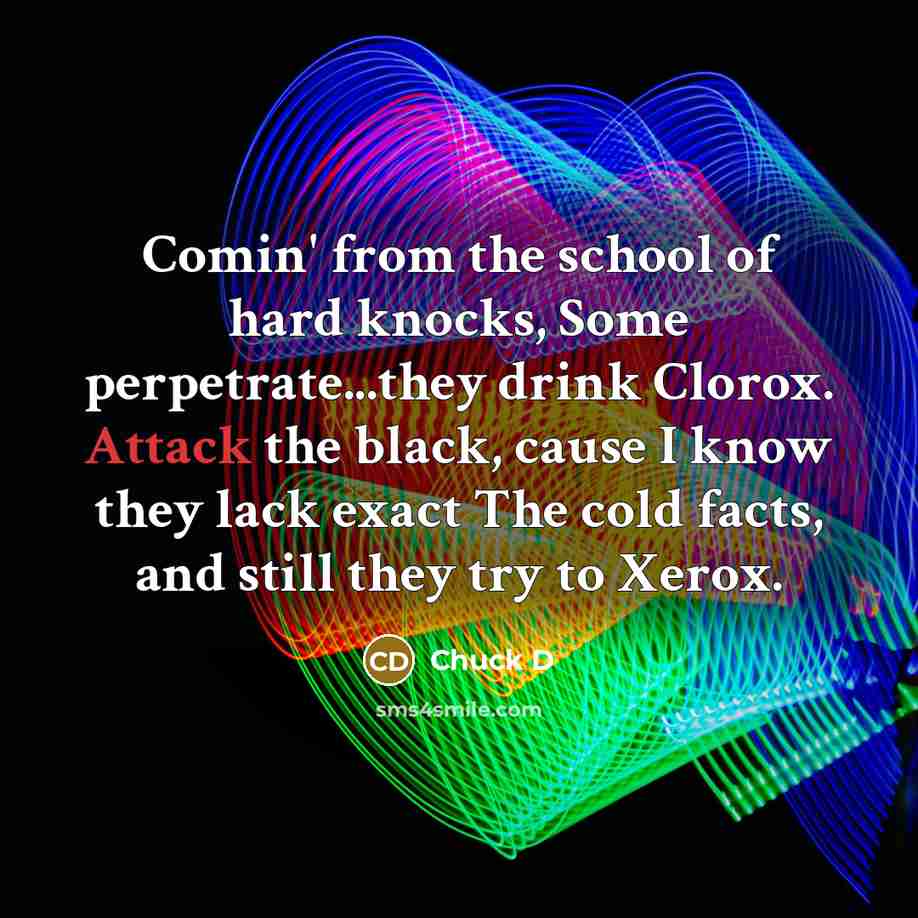 “Comin' from the school of hard knocks, Some perpetrate...they drink…” quote by Chuck D