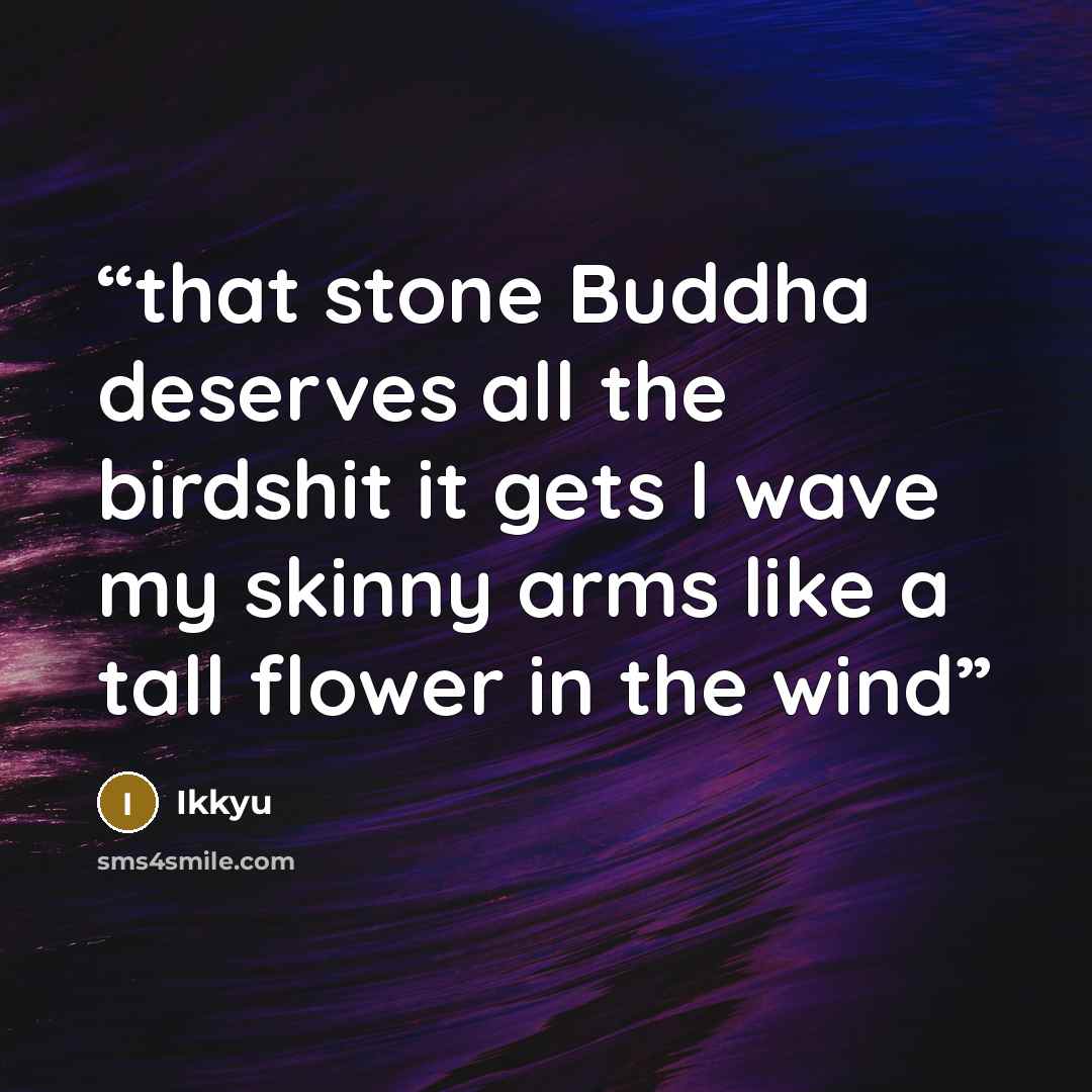 “that stone Buddha deserves all the birdshit it gets I wave my skinny arms like a tall flower in the wind” quote by Ikkyu