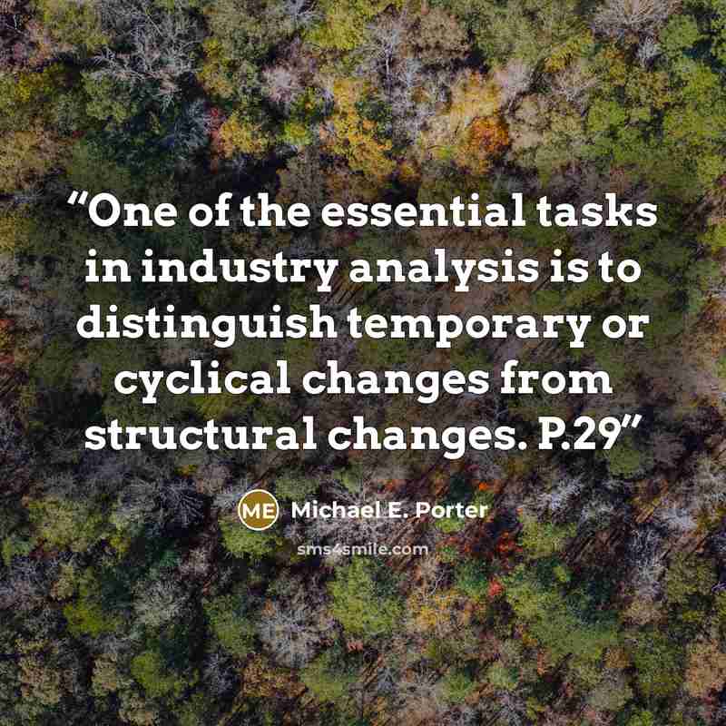 “One of the essential tasks in industry analysis is to distinguish temporary or cyclical changes from structural changes. P.29” quote by Michael E. Porter