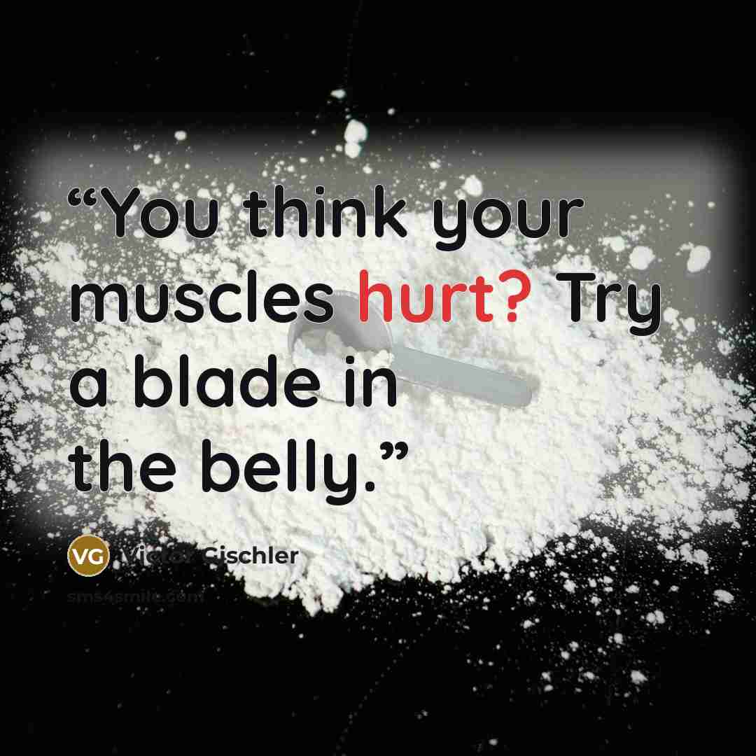 “You think your muscles hurt? Try a blade in the belly.” quote by Victor Gischler