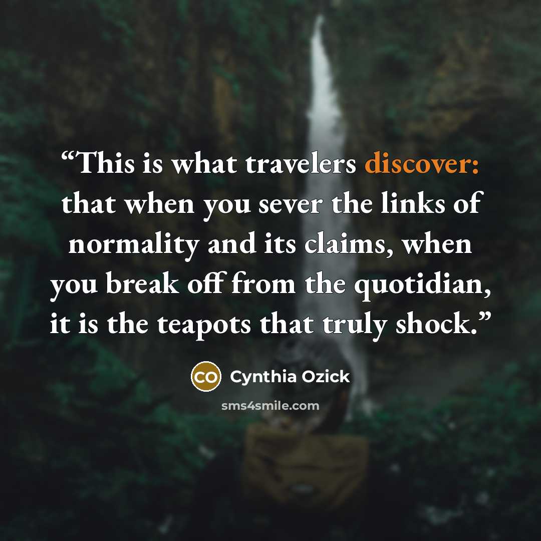 “This is what travelers discover: that when you sever the links of normality and its claims, when you break off from the quotidian, it is the teapots that truly shock.” quote by Cynthia Ozick