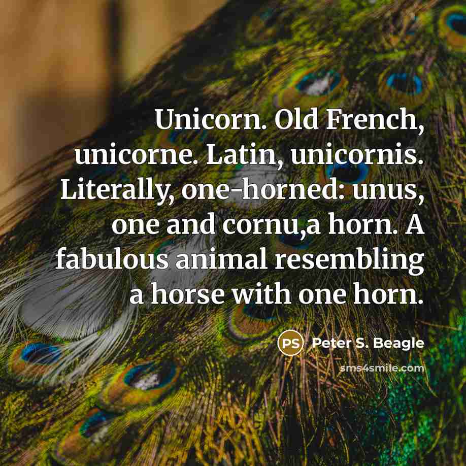 “Unicorn. Old French, unicorne. Latin, unicornis. Literally, one-horned: unus, one…” quote by Peter S. Beagle