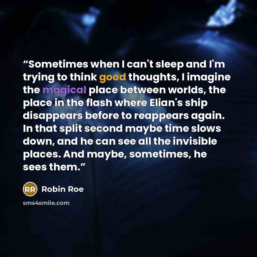 “Sometimes when I can't sleep and I'm trying to think good thoughts, I imagine the magical place between worlds, the place in the flash where Elian's ship disappears before to reappears again. In that split second maybe time slows down, and he can see all the invisible places. And maybe, sometimes…” quote by Robin Roe