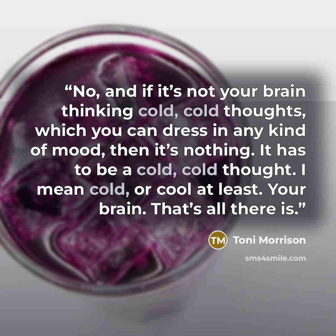 “No, and if it’s not your brain thinking cold, cold thoughts, which you can dress in any kind of mood, then it’s nothing. It has to be a cold, cold thought. I mean cold, or cool at least. Your brain. That’s all there is.” quote by Toni Morrison