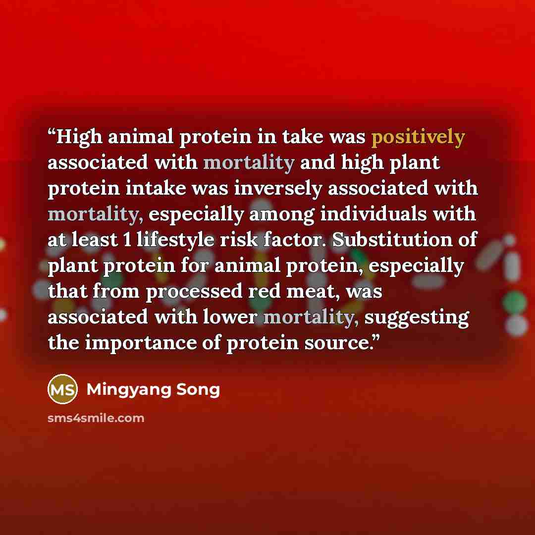 “High animal protein in take was positively associated with mortality and high plant protein intake was inversely associated with mortality, especially among individuals with at least 1 lifestyle risk factor. Substitution of plant protein for animal protein, especially that from processed red meat…” quote by Mingyang Song