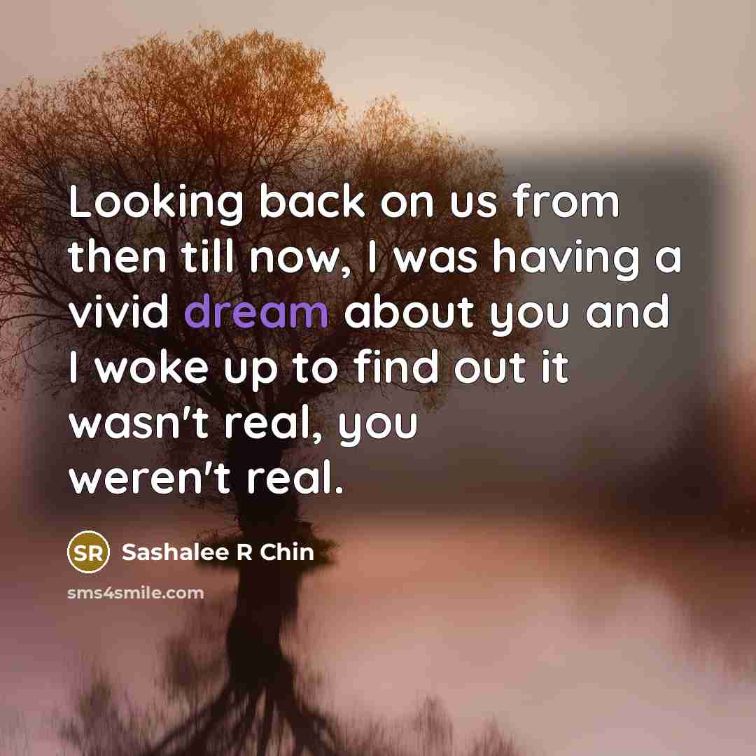 “Looking back on us from then till now, I was having a vivid dream about you and I woke up to find out it wasn't real, you weren't real.” quote by Sashalee R Chin