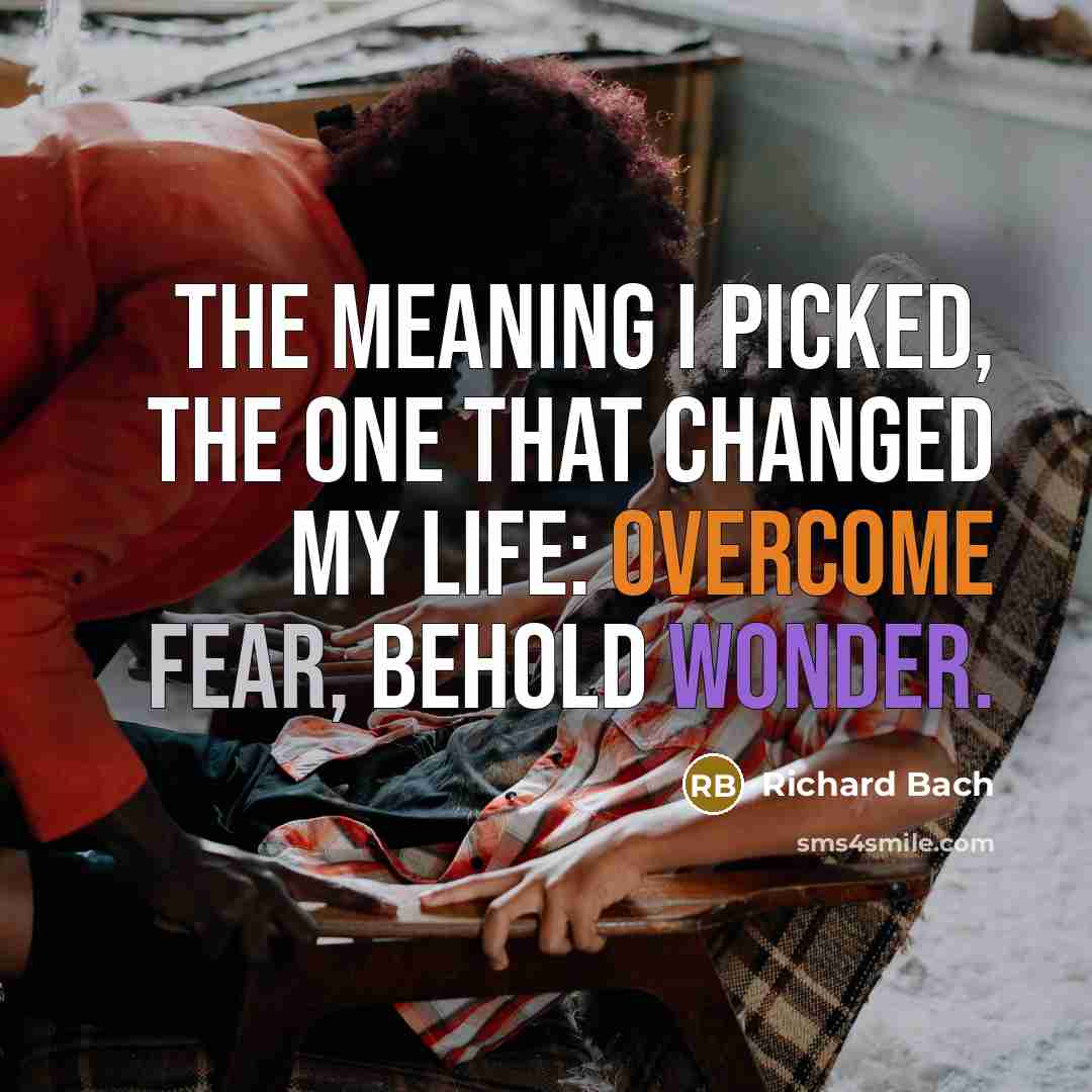 “The meaning I picked, the one that changed my life: Overcome fear, behold wonder.” quote by Richard Bach
