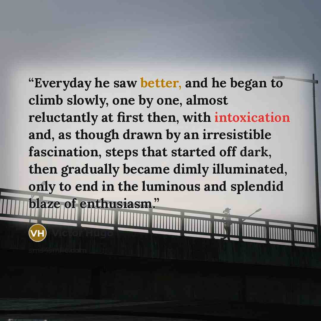 “Everyday he saw better, and he began to climb slowly, one by one, almost reluctantly at first then, with intoxication and, as though drawn by an irresistible fascination, steps that started off dark, then gradually became dimly illuminated, only to end in the luminous and splendid blaze of…” quote by Victor Hugo