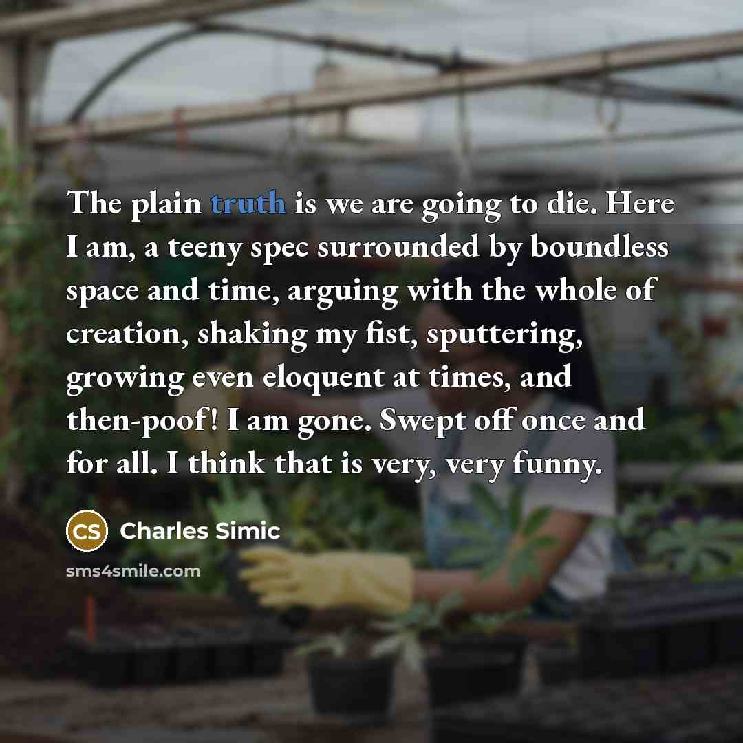 “The plain truth is we are going to die. Here…” quote by Charles Simic