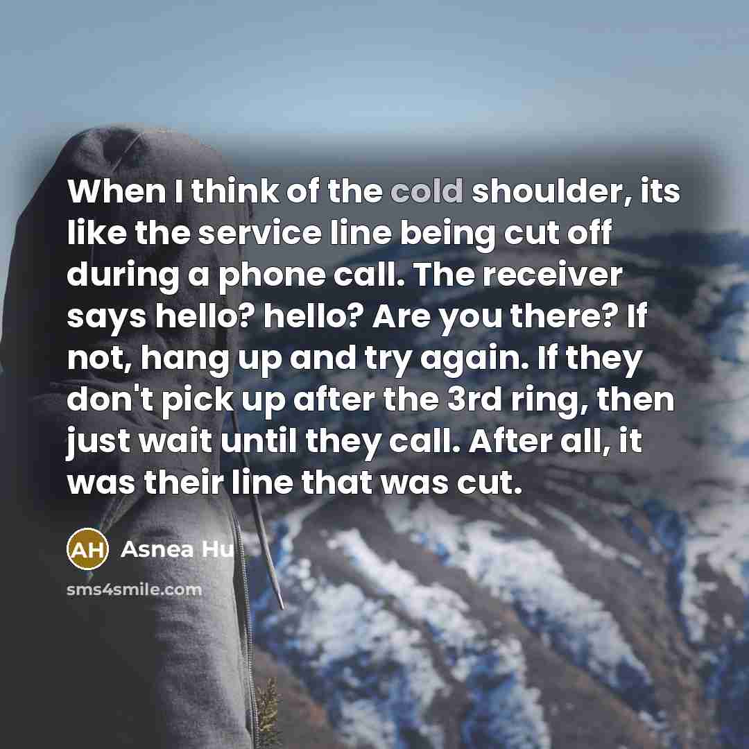 “When I think of the cold shoulder, its like the service line being cut off during a phone call. The receiver says hello? hello? Are you there? If not, hang up and try again. If they don't pick up after the 3rd ring, then just wait until they call. After all, it was their line that was cut.” quote by Asnea Hu