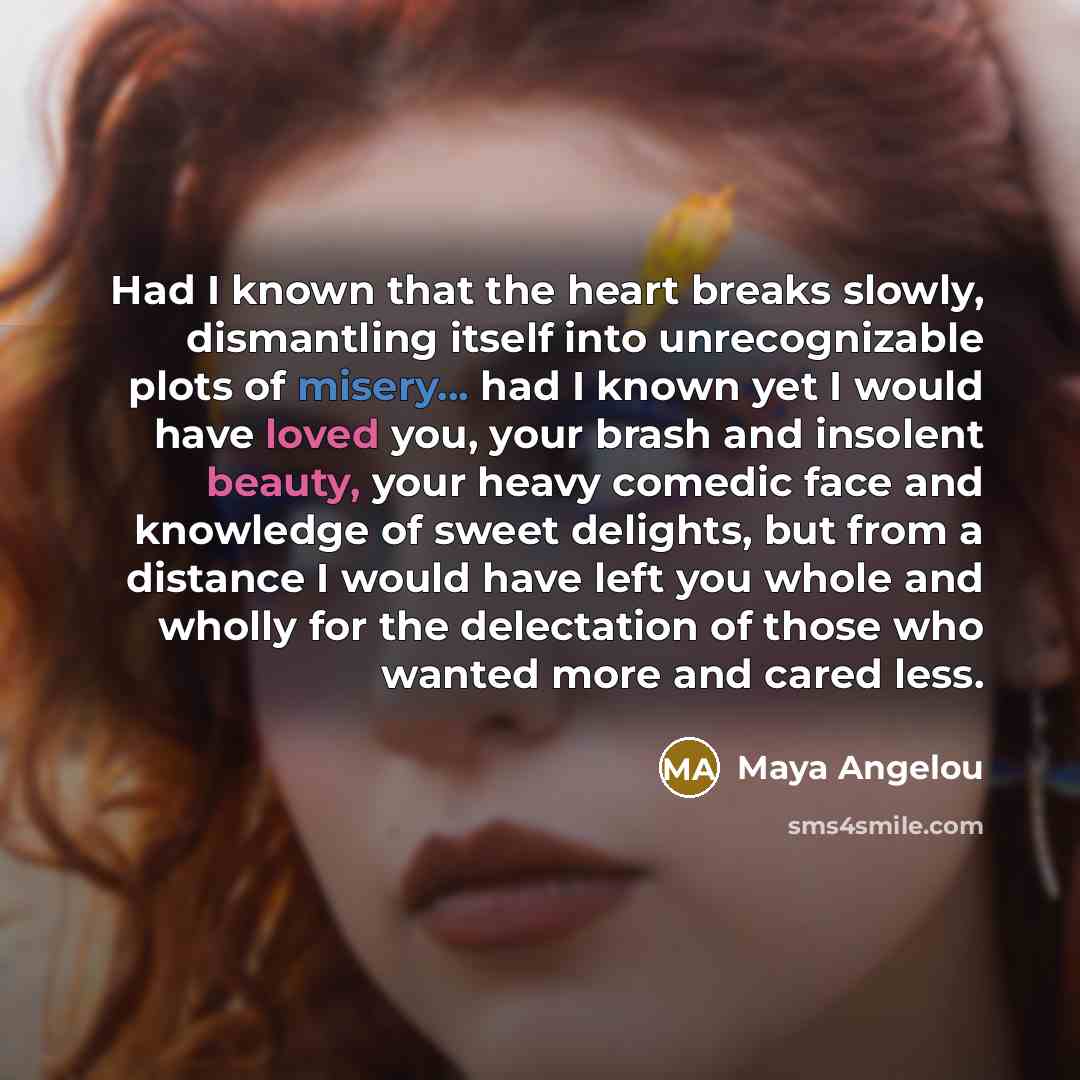 “Had I known that the heart breaks slowly, dismantling itself…” quote by Maya Angelou
