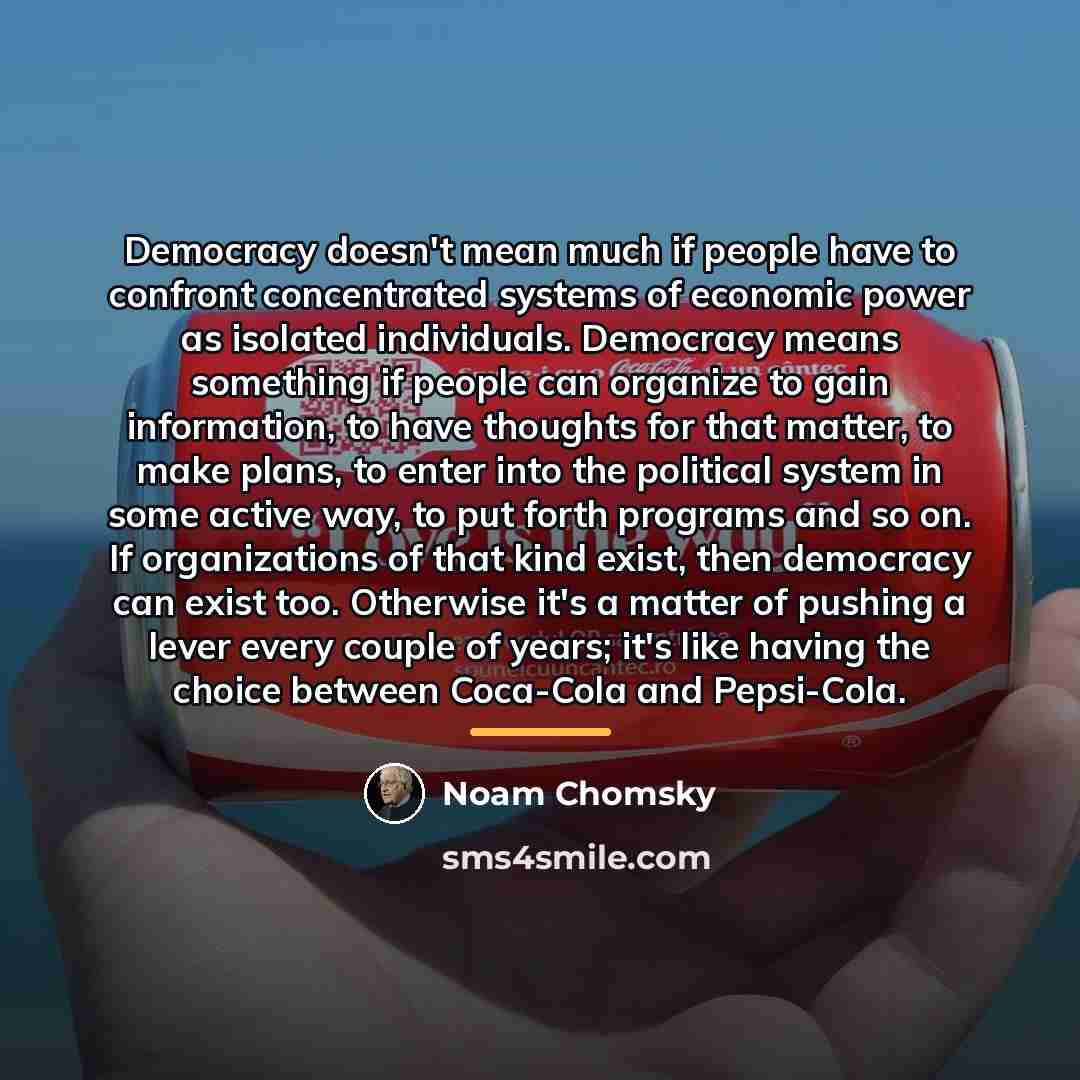 “Democracy doesn't mean much if people have to confront concentrated…” quote by Noam Chomsky