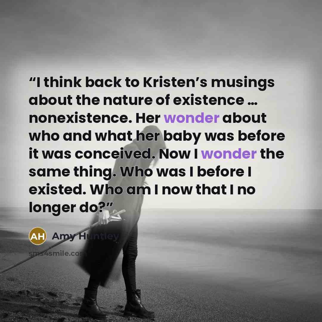 “I think back to Kristen’s musings about the nature of existence … nonexistence. Her wonder about who and what her baby was before it was conceived. Now I wonder the same thing. Who was I before I existed. Who am I now that I no longer do?” quote by Amy Huntley
