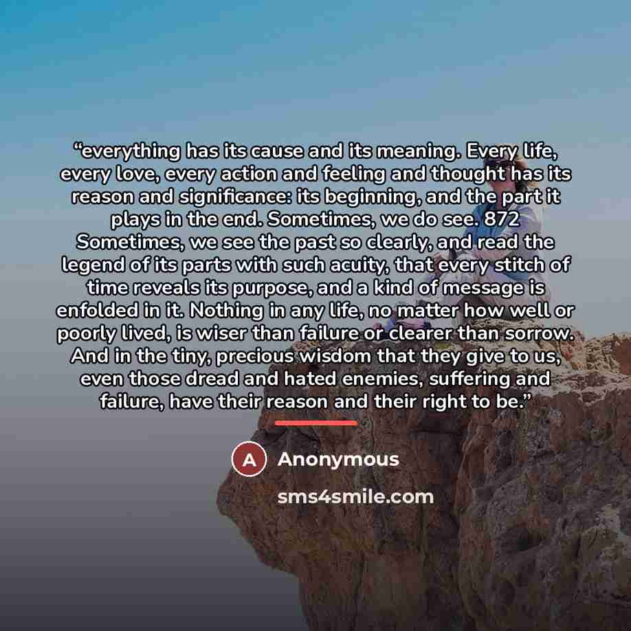 “everything has its cause and its meaning. Every life, every love, every action and feeling and thought has its reason and significance: its beginning, and the part it plays in the end. Sometimes, we do see. 872 Sometimes, we see the past so clearly, and read the legend of its parts with such…” quote by Anonymous