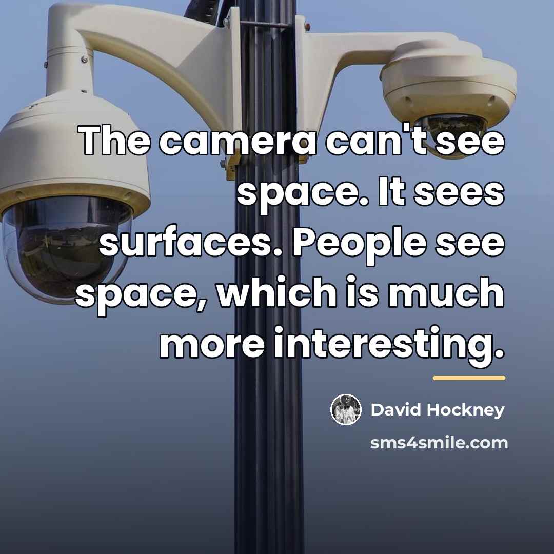 “The camera can't see space. It sees surfaces. People see…” quote by David Hockney
