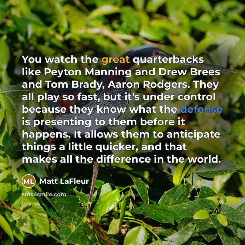 “You watch the great quarterbacks like Peyton Manning and Drew Brees and Tom Brady, Aaron Rodgers. They all play so fast, but it's under control because they know what the defense is presenting to them before it happens. It allows them to anticipate things a little quicker, and that makes all the…” quote by Matt LaFleur