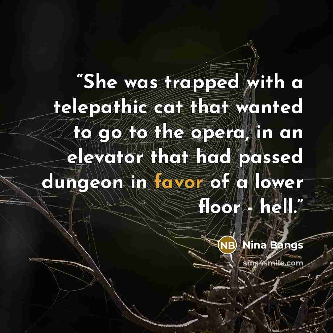 “She was trapped with a telepathic cat that wanted to go to the opera, in an elevator that had passed dungeon in favor of a lower floor - hell.” quote by Nina Bangs