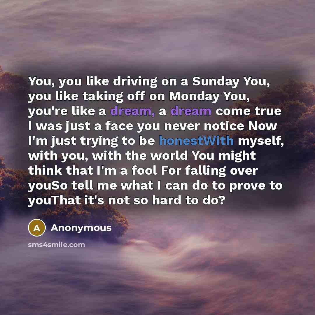 “You, you like driving on a Sunday You, you like taking off on Monday You, you're like a dream, a dream come true I was just a face you never notice Now I'm just trying to be honestWith myself, with you, with the world You might think that I'm a fool For falling over youSo tell me what I can do to…” quote by Anonymous