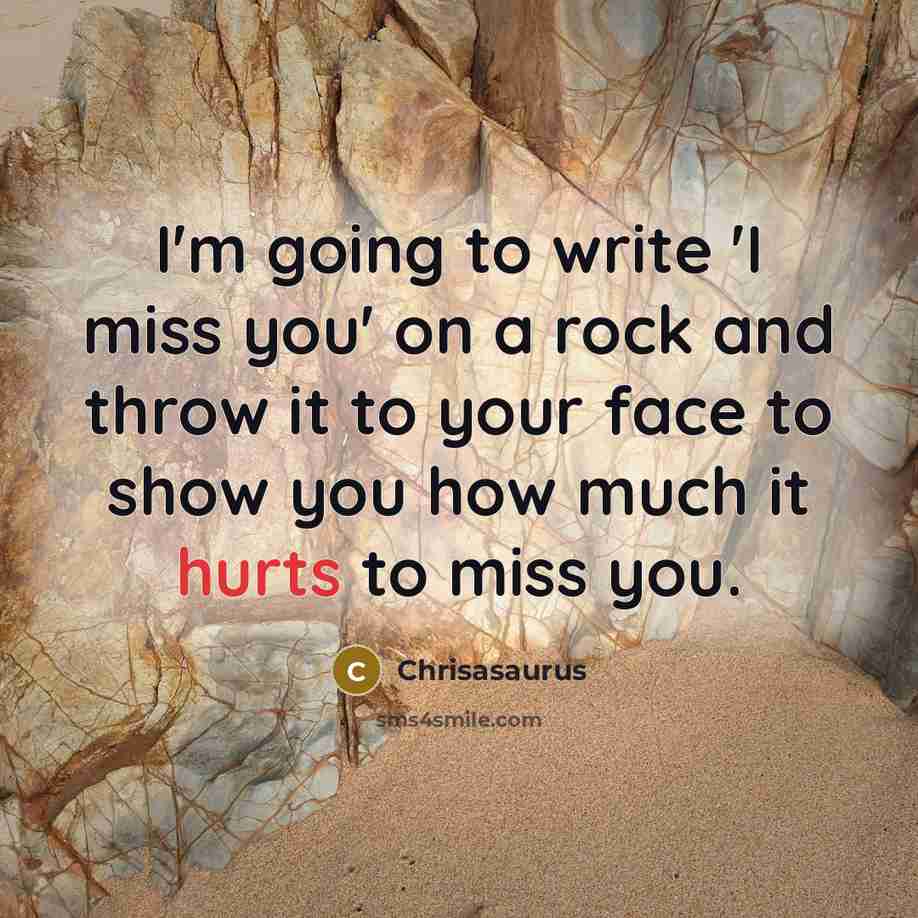 “I'm going to write 'I miss you' on a rock and throw it to your face to show you how much it hurts to miss you.” quote by Chrisasaurus