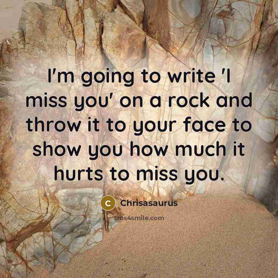 “I'm going to write 'I miss you' on a rock and throw it to your face to show you how much it hurts to miss you.” quote by Chrisasaurus