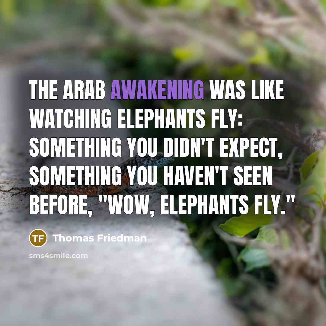“The Arab awakening was like watching elephants fly: something you didn't expect, something you haven't seen before, "Wow, elephants fly."” quote by Thomas Friedman
