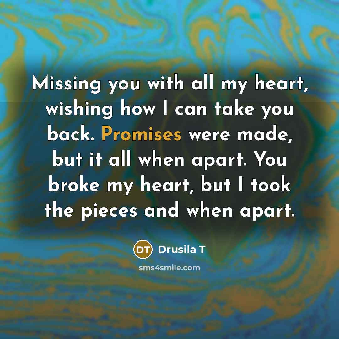 “Missing you with all my heart, wishing how I can…” quote by Drusila T