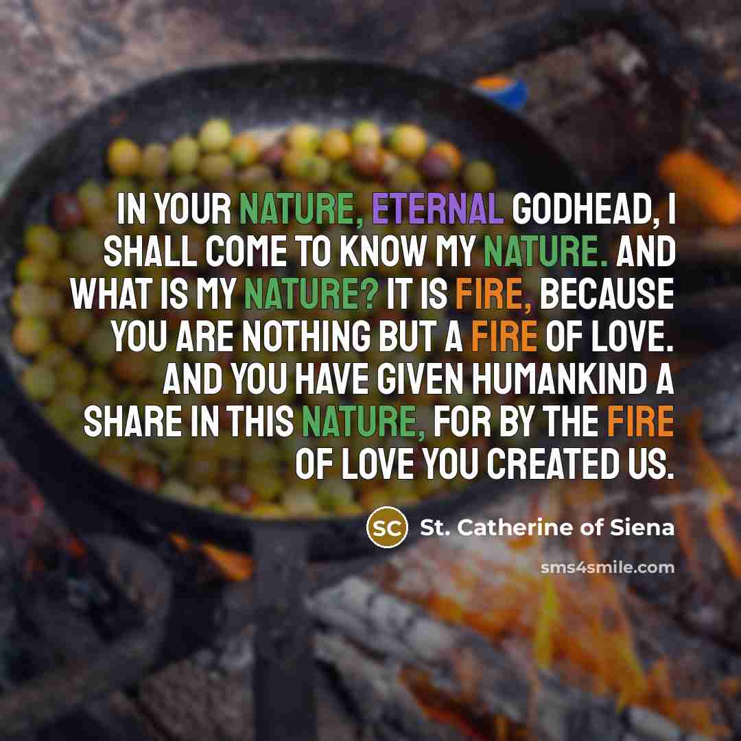 “In your nature, eternal Godhead, I shall come to know my nature. And what is my nature? It is fire, because you are nothing but a fire of love. And you have given humankind a share in this nature, for by the fire of love you created us.” quote by St. Catherine of Siena