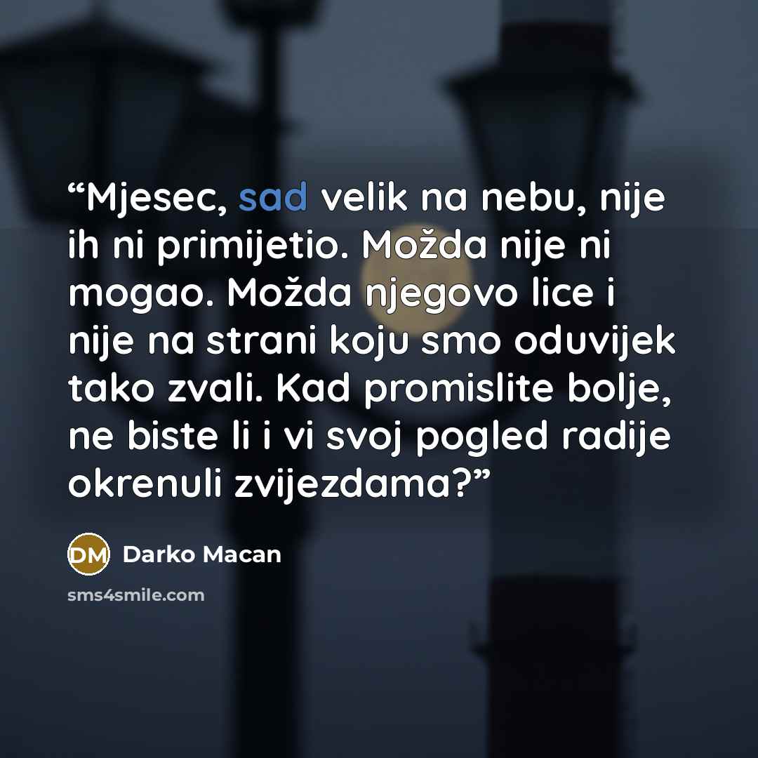 “Mjesec, sad velik na nebu, nije ih ni primijetio. Možda nije ni mogao. Možda njegovo lice i nije na strani koju smo oduvijek tako zvali. Kad promislite bolje, ne biste li i vi svoj pogled radije okrenuli zvijezdama?” quote by Darko Macan