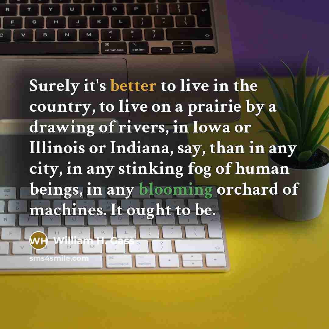 “Surely it's better to live in the country, to live on a prairie by a drawing of rivers, in Iowa or Illinois or Indiana, say, than in any city, in any stinking fog of human beings, in any blooming orchard of machines. It ought to be.” quote by William H. Gass