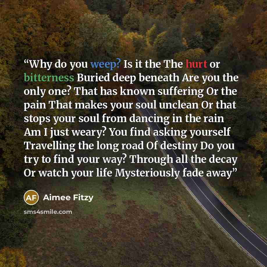 “Why do you weep? Is it the The hurt or bitterness Buried deep beneath Are you the only one? That has known suffering Or the pain That makes your soul unclean Or that stops your soul from dancing in the rain Am I just weary? You find asking yourself Travelling the long road Of destiny Do you try to…” quote by Aimee Fitzy