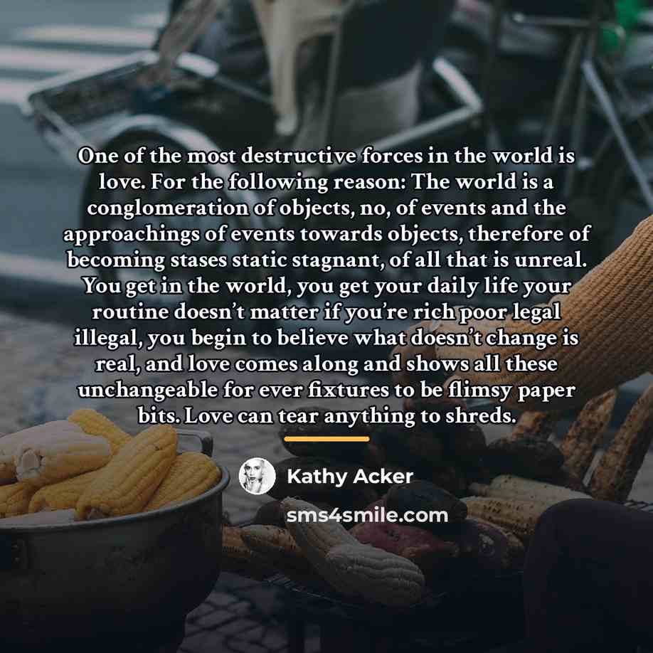 “One of the most destructive forces in the world is…” quote by Kathy Acker