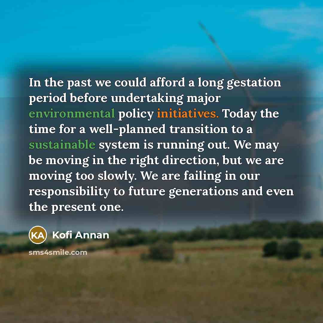 “In the past we could afford a long gestation period before undertaking major environmental policy initiatives. Today the time for a well-planned transition to a sustainable system is running out. We may be moving in the right direction, but we are moving too slowly. We are failing in our…” quote by Kofi Annan