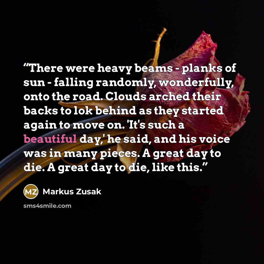 “There were heavy beams - planks of sun - falling randomly, wonderfully, onto the road. Clouds arched their backs to lok behind as they started again to move on. 'It's such a beautiful day,' he said, and his voice was in many pieces. A great day to die. A great day to die, like this.” quote by Markus Zusak