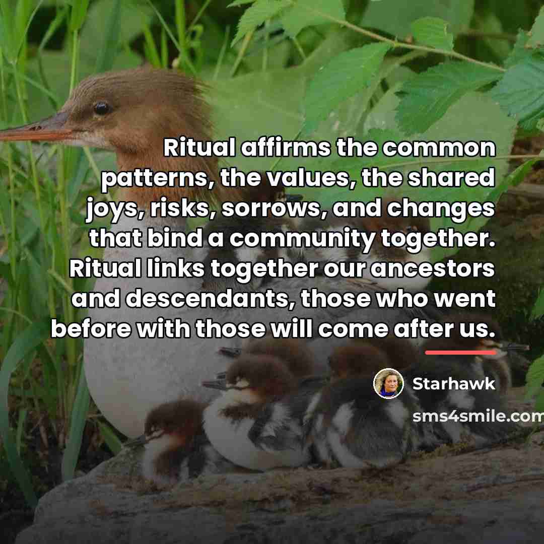 “Ritual affirms the common patterns, the values, the shared joys,…” quote by Starhawk