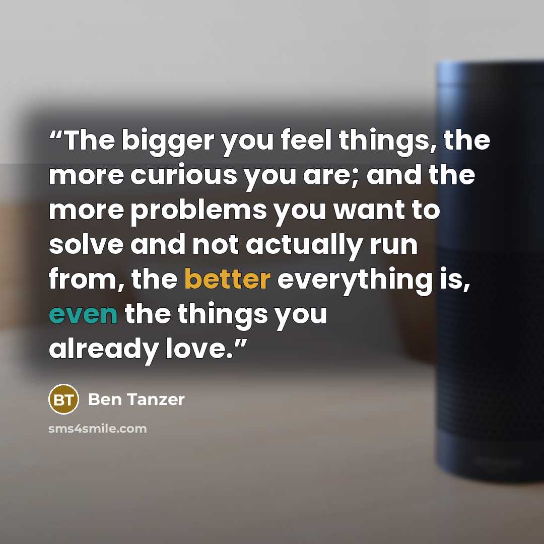 “The bigger you feel things, the more curious you are; and the more problems you want to solve and not actually run from, the better everything is, even the things you already love.” quote by Ben Tanzer