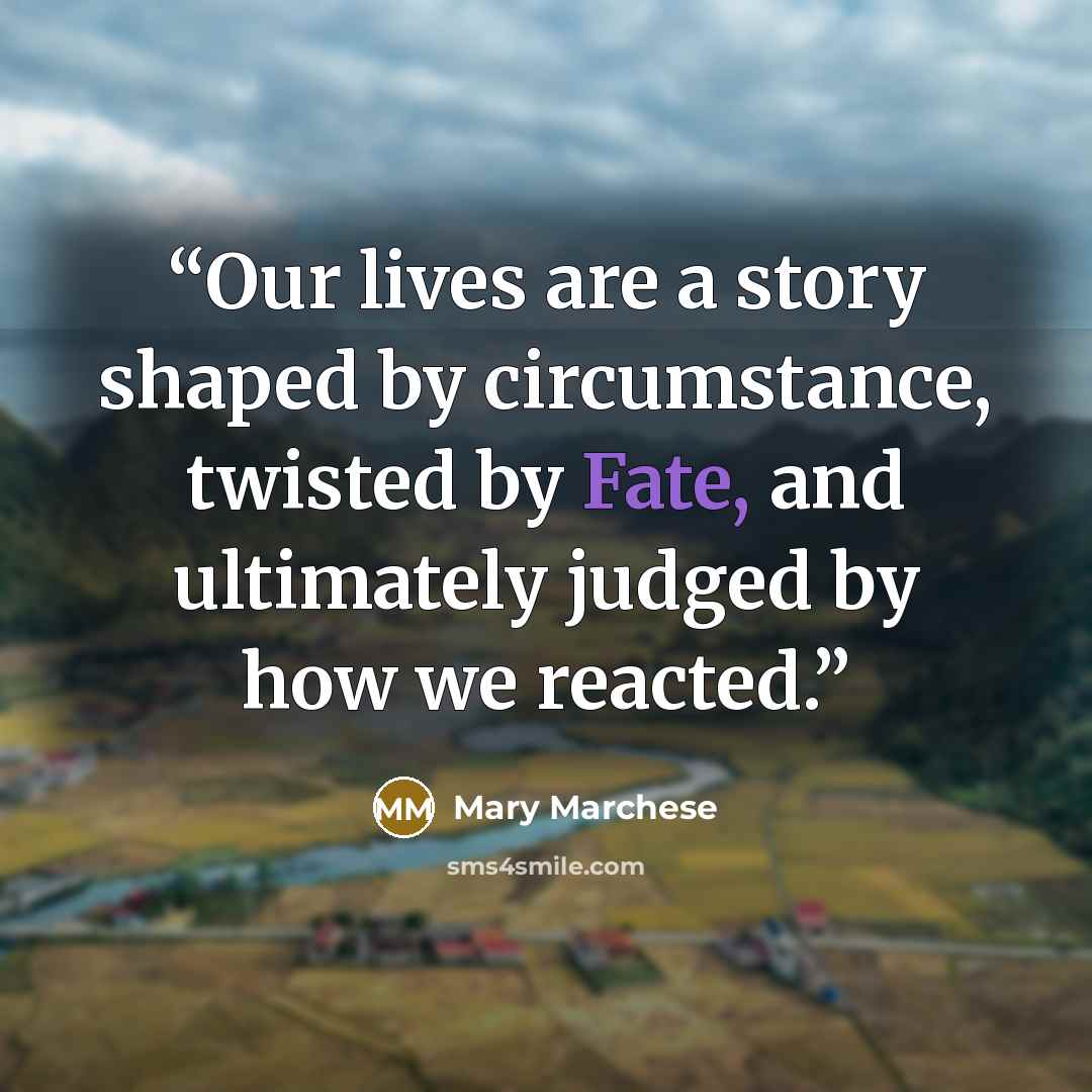 “Our lives are a story shaped by circumstance, twisted by Fate, and ultimately judged by how we reacted.” quote by Mary Marchese