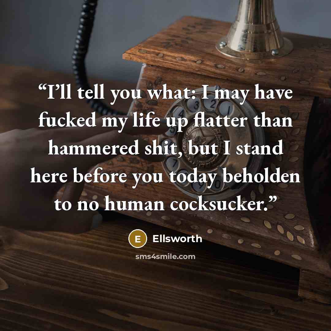“I’ll tell you what: I may have fucked my life up flatter than hammered shit, but I stand here before you today beholden to no human cocksucker.” quote by Ellsworth