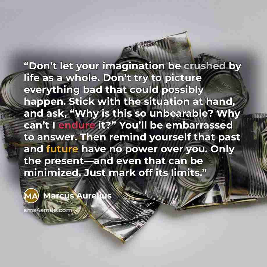 “Don’t let your imagination be crushed by life as a whole. Don’t try to picture everything bad that could possibly happen. Stick with the situation at hand, and ask, “Why is this so unbearable? Why can’t I endure it?” You’ll be embarrassed to answer. Then remind yourself that past and future have…” quote by Marcus Aurelius