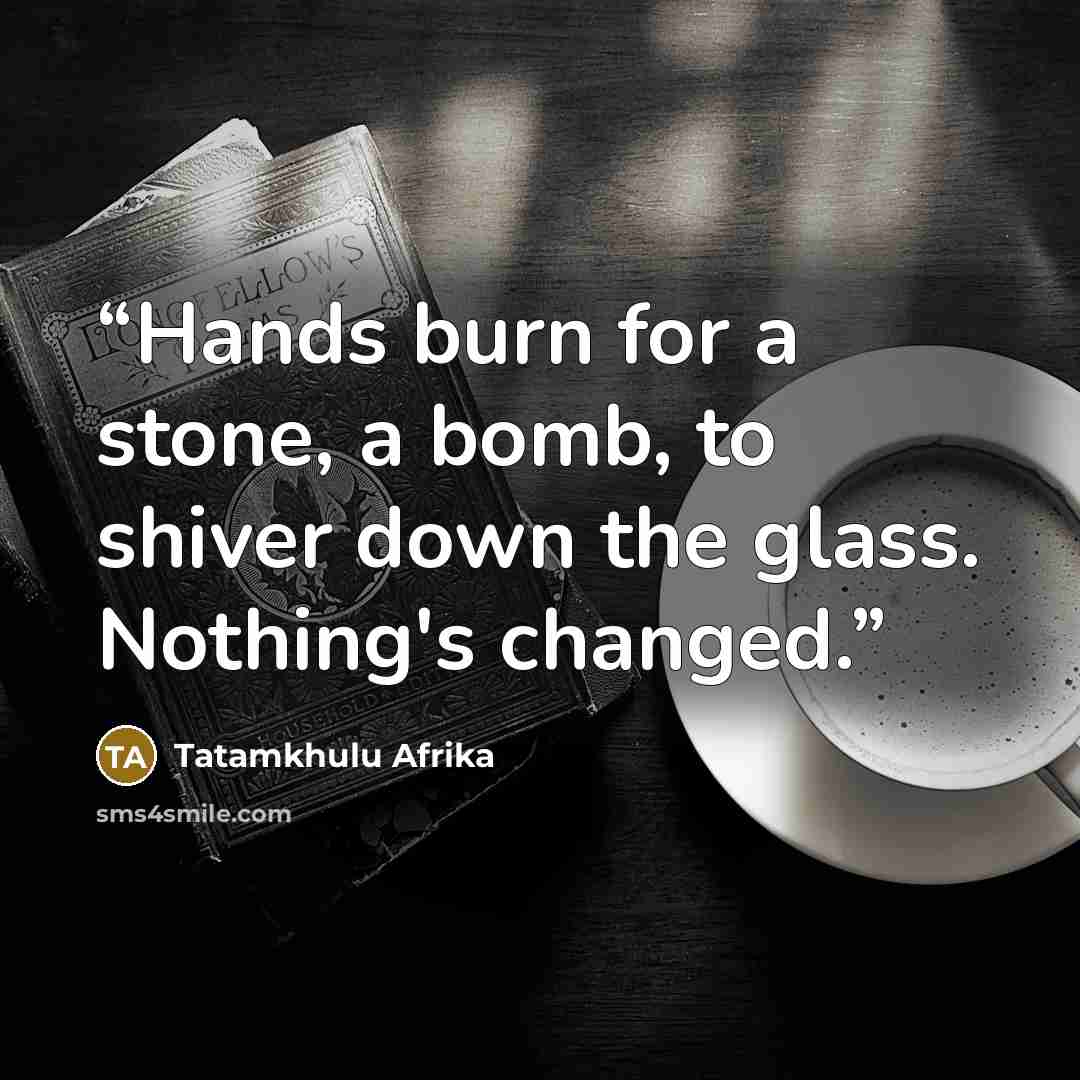 “Hands burn for a stone, a bomb, to shiver down the glass. Nothing's changed.” quote by Tatamkhulu Afrika