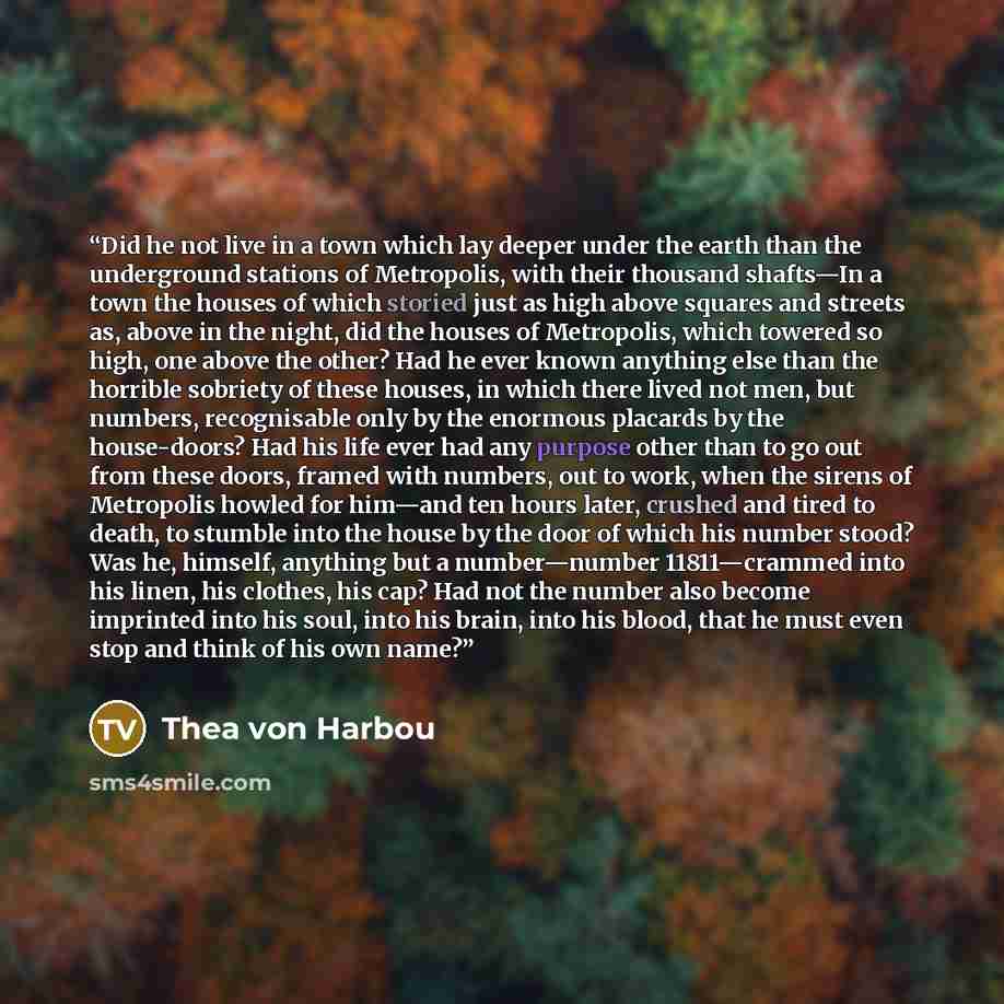 “Did he not live in a town which lay deeper under the earth than the underground stations of Metropolis, with their thousand shafts—In a town the houses of which storied just as high above squares and streets as, above in the night, did the houses of Metropolis, which towered so high, one above the…” quote by Thea von Harbou