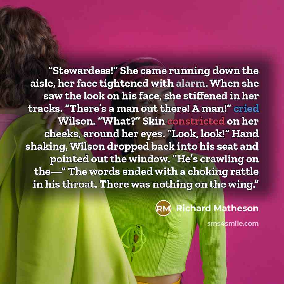“Stewardess!” She came running down the aisle, her face tightened with alarm. When she saw the look on his face, she stiffened in her tracks. “There’s a man out there! A man!” cried Wilson. “What?” Skin constricted on her cheeks, around her eyes. “Look, look!” Hand shaking, Wilson dropped back into…” quote by Richard Matheson