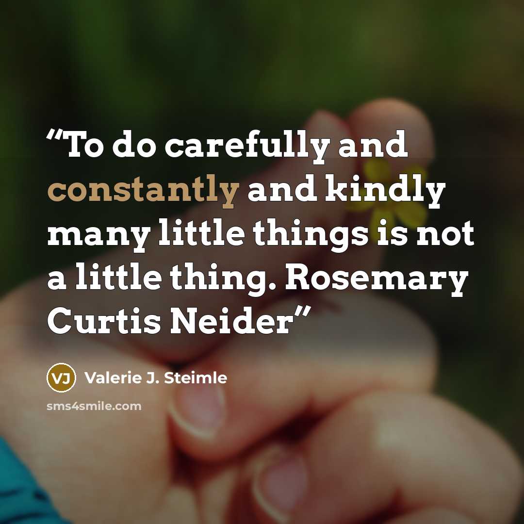 “To do carefully and constantly and kindly many little things is not a little thing. Rosemary Curtis Neider” quote by Valerie J. Steimle