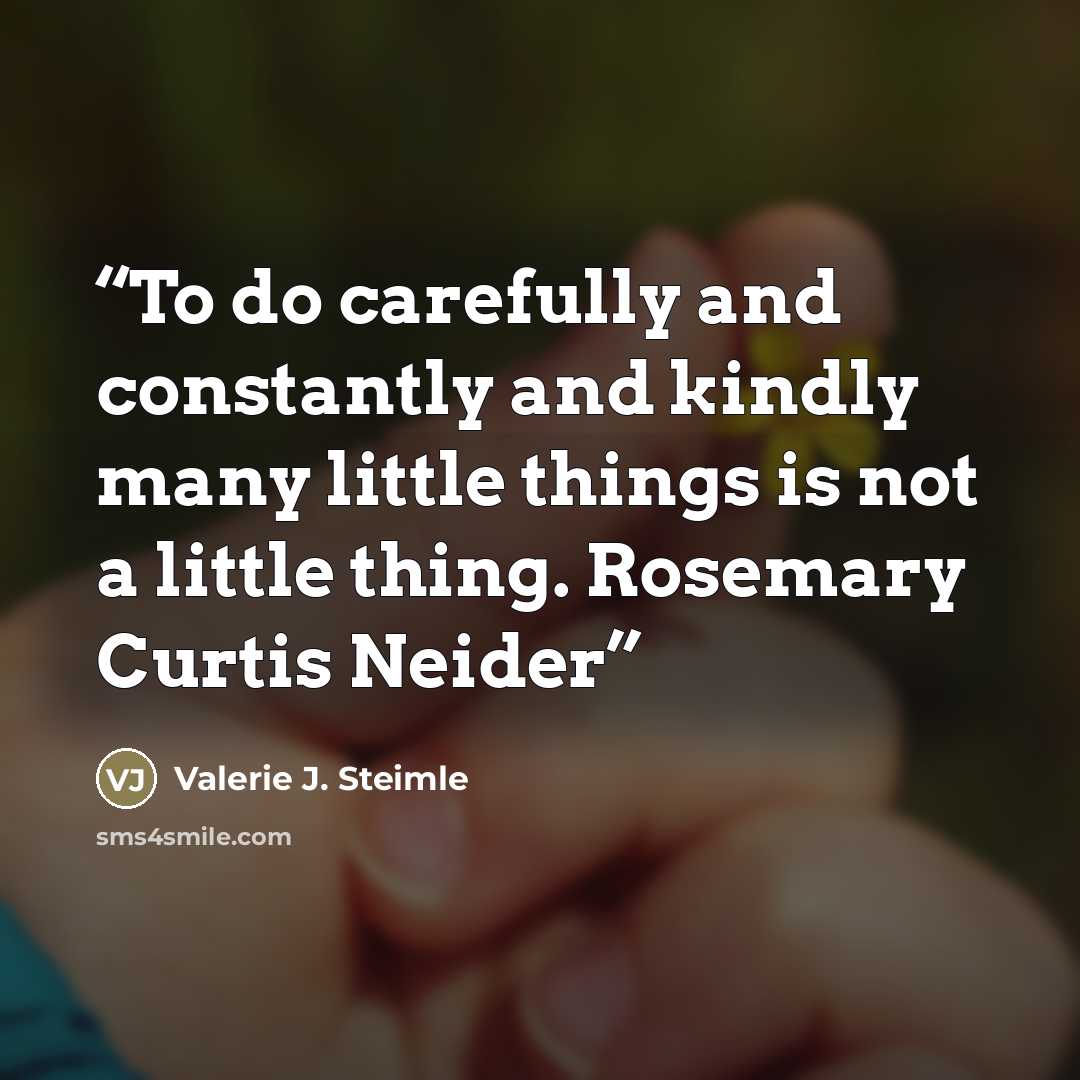 “To do carefully and constantly and kindly many little things is not a little thing. Rosemary Curtis Neider” quote by Valerie J. Steimle